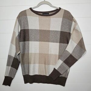 Cynthia Rowley Sweater Women's XS Beige Brown Plaid Crewneck Knit